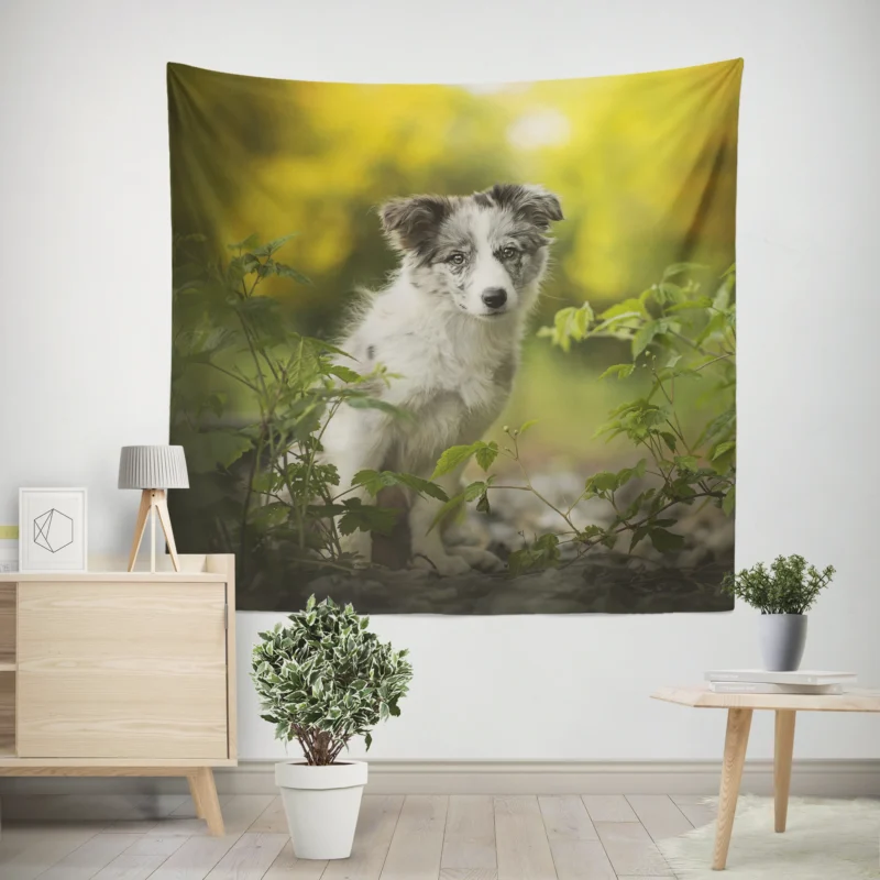 Adorable Ba and Puppy Charm  Australian Shepherd Puppy Wall Tapestry