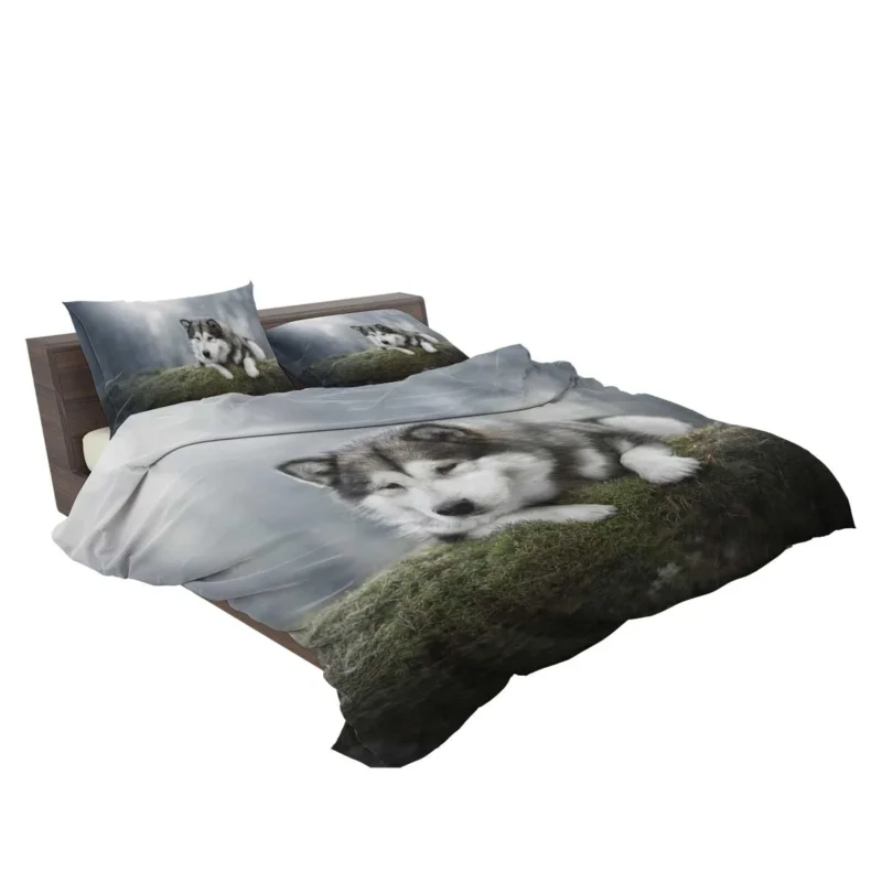 Alaskan Malamute Quartet in a Mossy Oasis Bedding Set 2