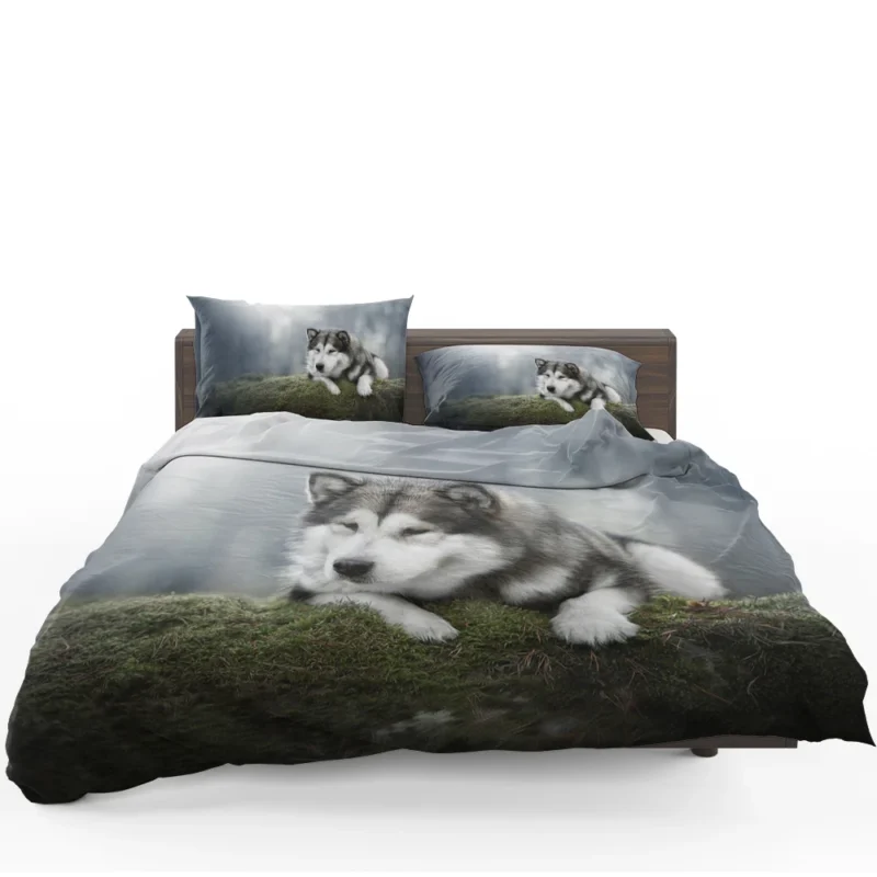 Alaskan Malamute Quartet in a Mossy Oasis Bedding Set