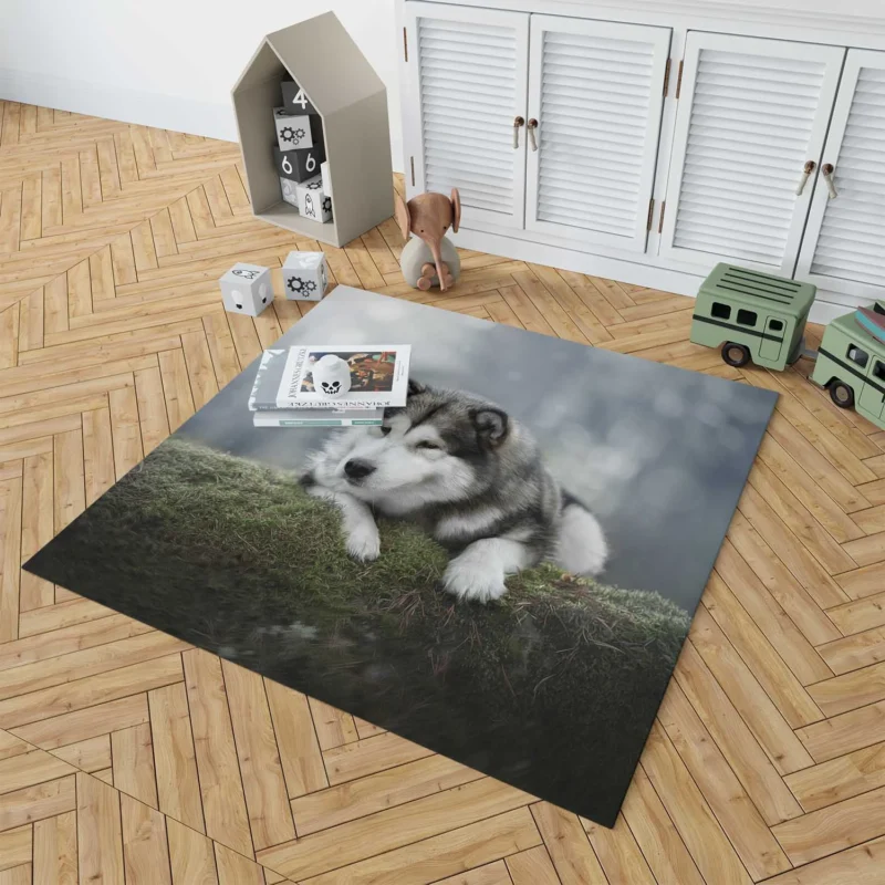 Alaskan Malamute Quartet in a Mossy Oasis Floor Rug 1