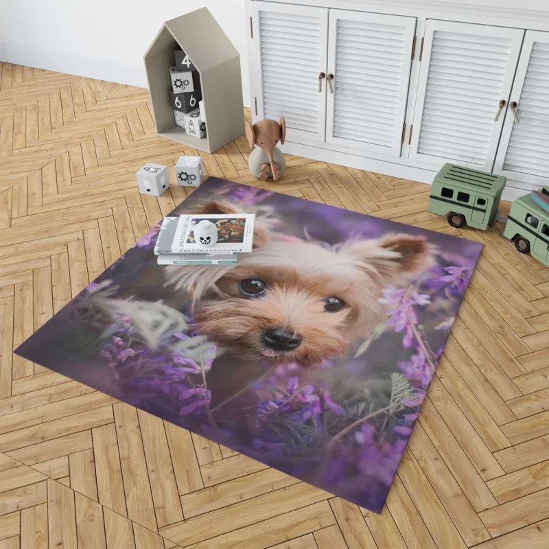 Amidst Purple Blooms: Yorkshire Terrier Quartet Floor Rug 1