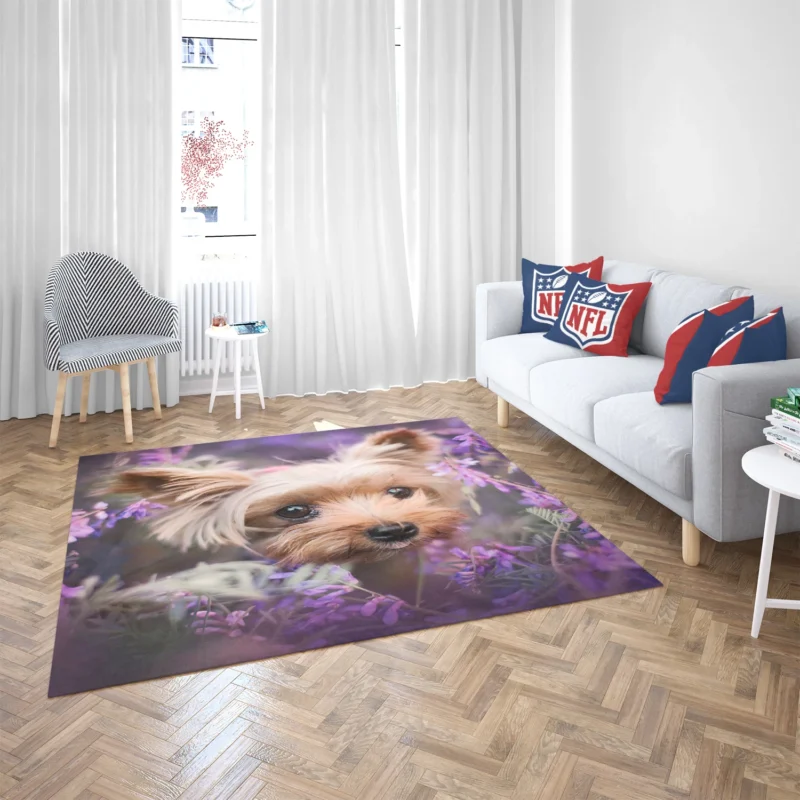 Amidst Purple Blooms: Yorkshire Terrier Quartet Floor Rug 2