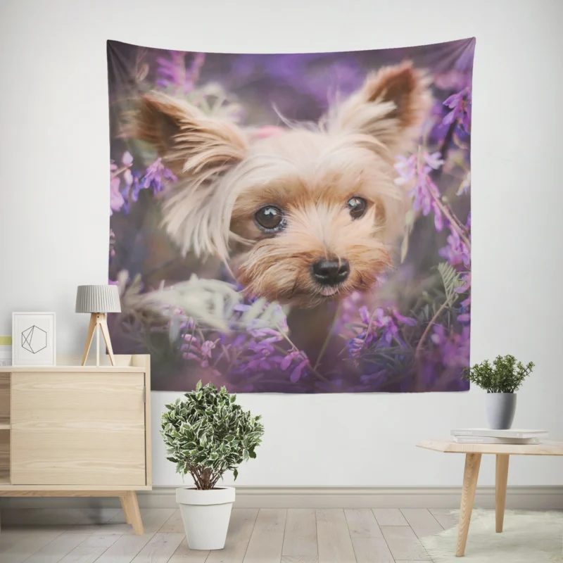 Amidst Purple Blooms  Yorkshire Terrier Quartet Wall Tapestry