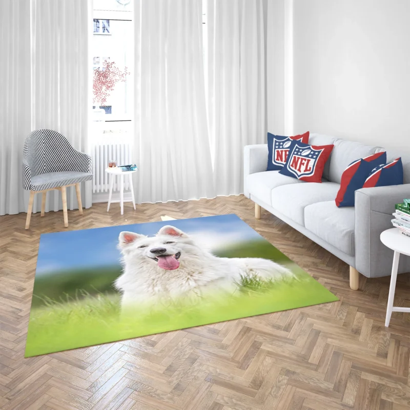 Amidst the Blurred Grass: White Shepherd Quartet Floor Rug 2