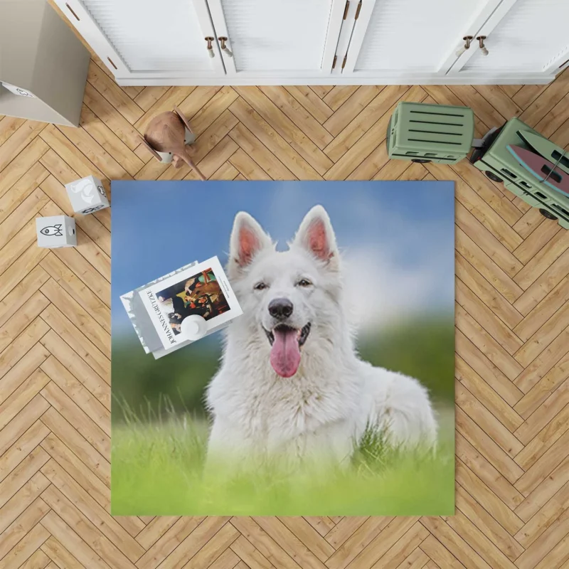 Amidst the Blurred Grass: White Shepherd Quartet Floor Rug