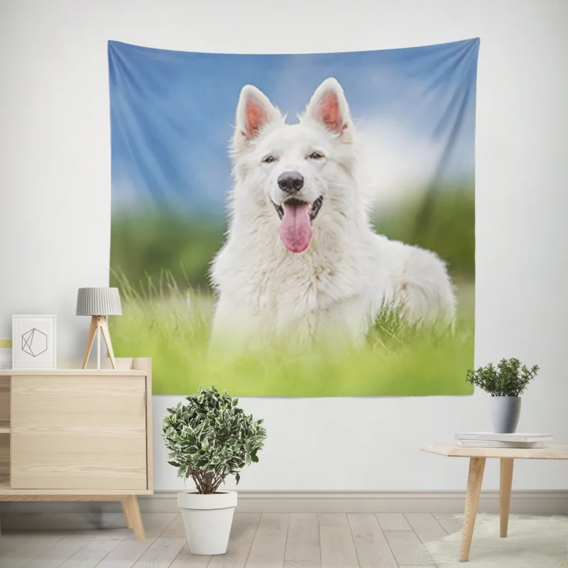 Amidst the Blurred Grass  White Shepherd Quartet Wall Tapestry