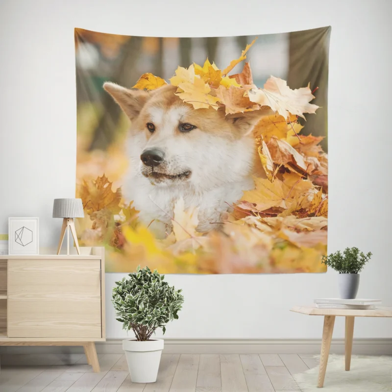 Autumn Leaves and Beauty  The Akita Quartet Wall Tapestry