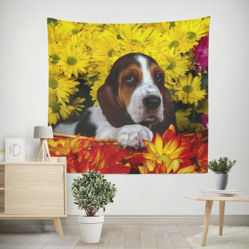 Basket of Flowers and Basset Beauty  Basset Hound Wall Tapestry