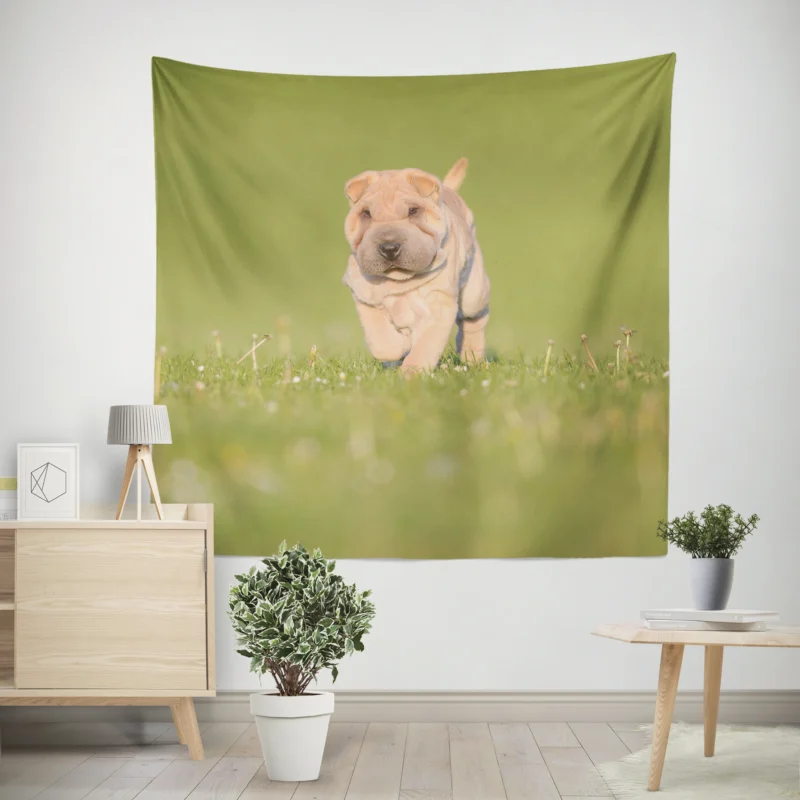 Bauble Puppy Amidst Shar Pei Greenery  Quartet Wall Tapestry