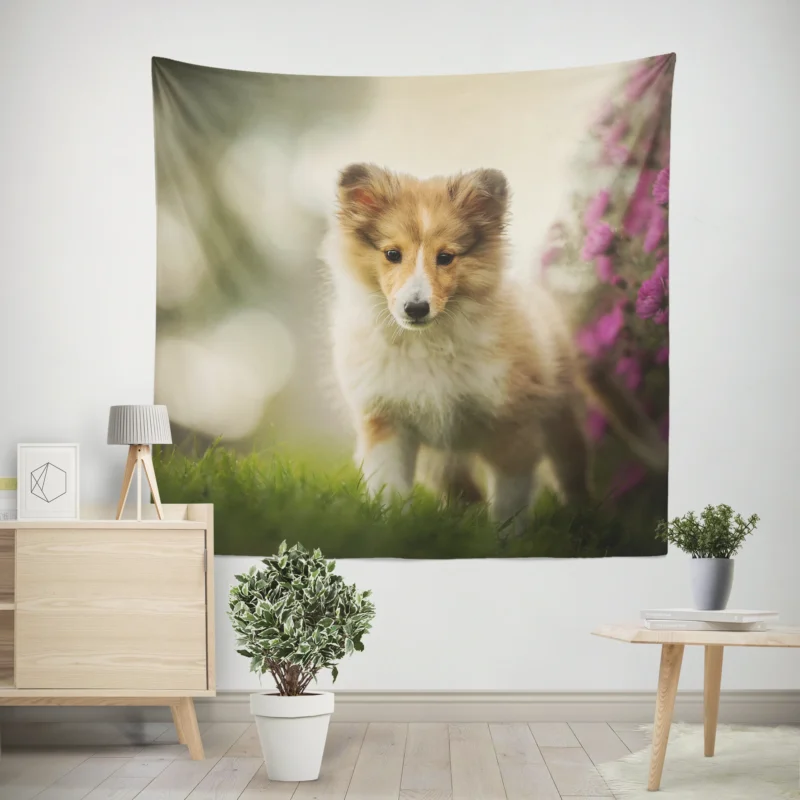 Bauble Pups in Purple Flower Bokeh  Shetland Sheepdog Quartet Wall Tapestry