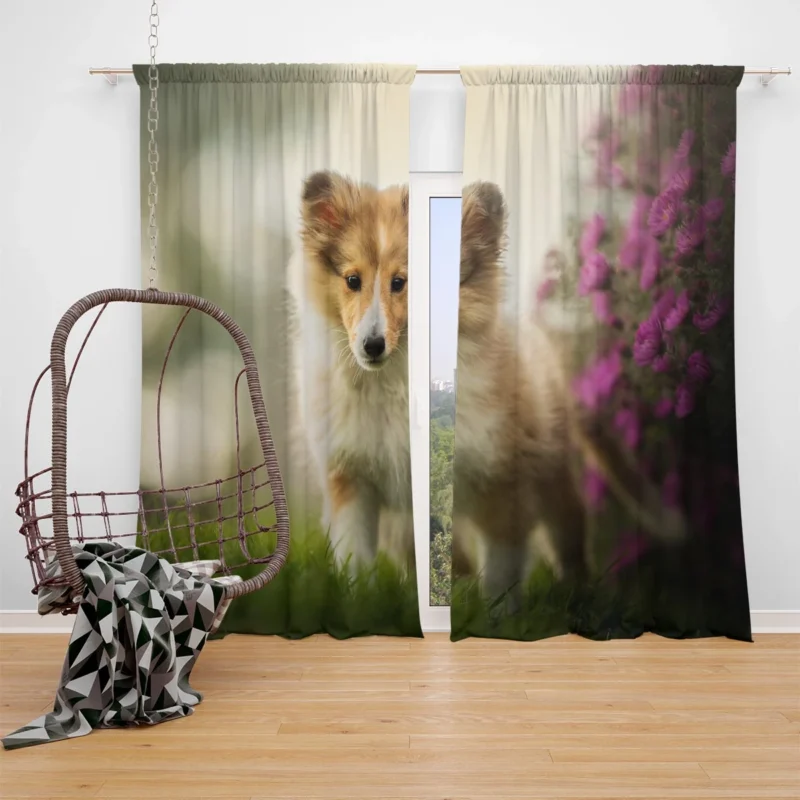 Bauble Pups in Purple Flower Bokeh: Shetland Sheepdog Quartet Window Curtain