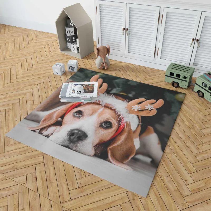 Beagle Wearing Reindeer Antlers: Beagle Floor Rug 1