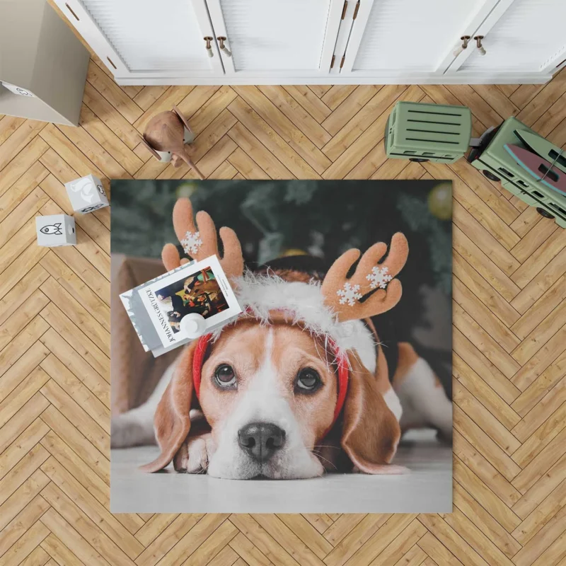 Beagle Wearing Reindeer Antlers: Beagle Floor Rug