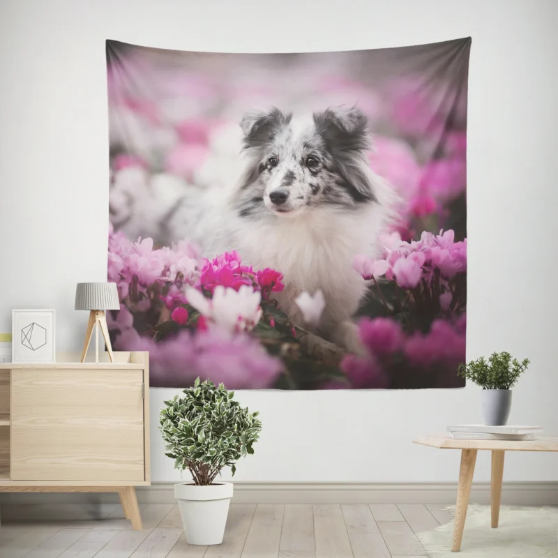 Blooming Beauty  Shetland Sheepdog Quartet Wall Tapestry