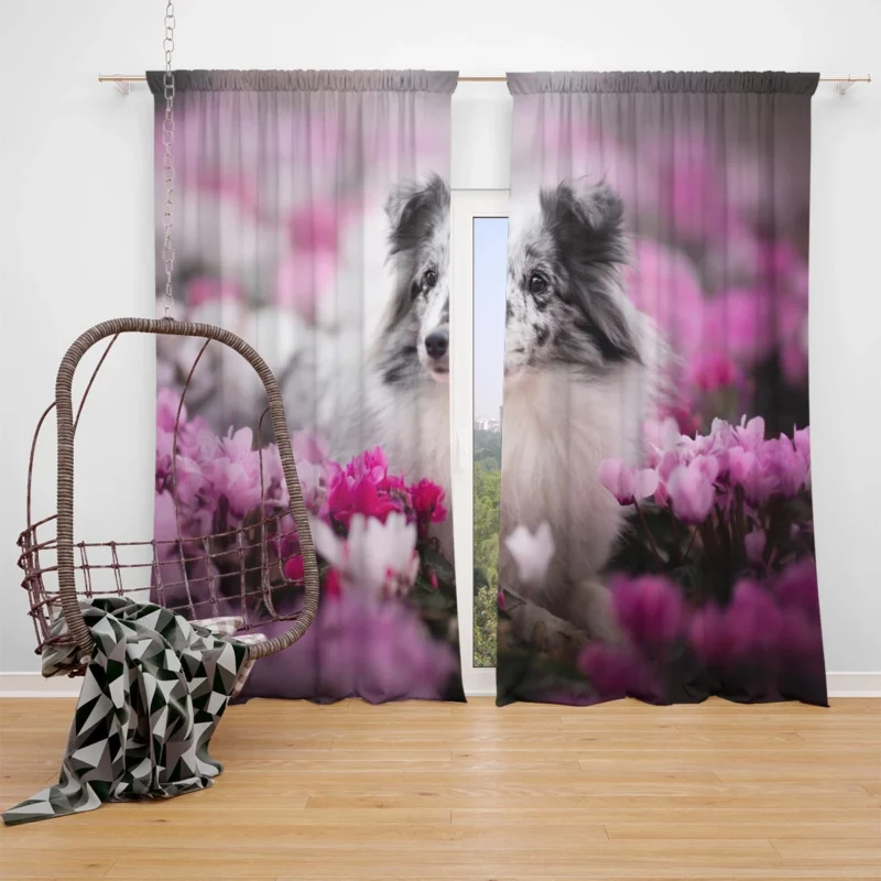 Blooming Beauty: Shetland Sheepdog Quartet Window Curtain