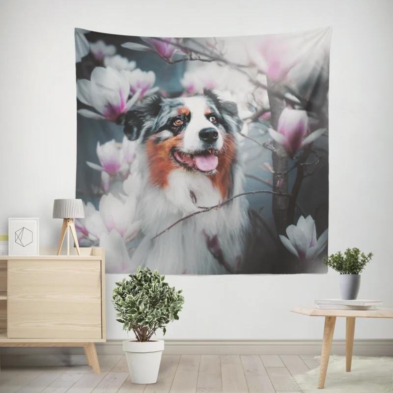 Blossom Flower with Muzzle  Australian Shepherd Wall Tapestry