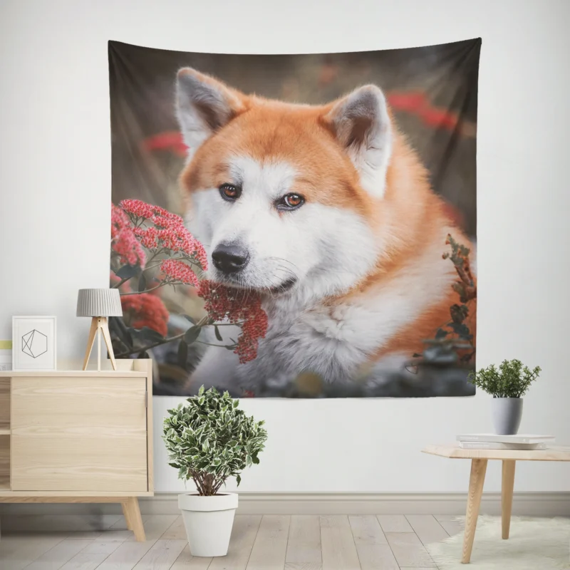 Blossoms and Beauty  The Akita Quartet Wall Tapestry