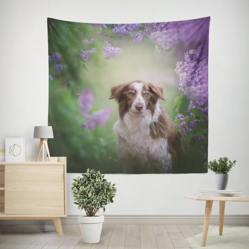 Border Collie and Purple Flower Beauty with Border Collie Wall Tapestry