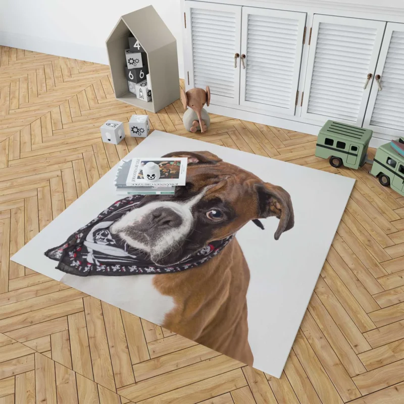 Boxer (Dog) Enjoying Winter with Snow and Depth Of Field: Boxer Floor Rug 1