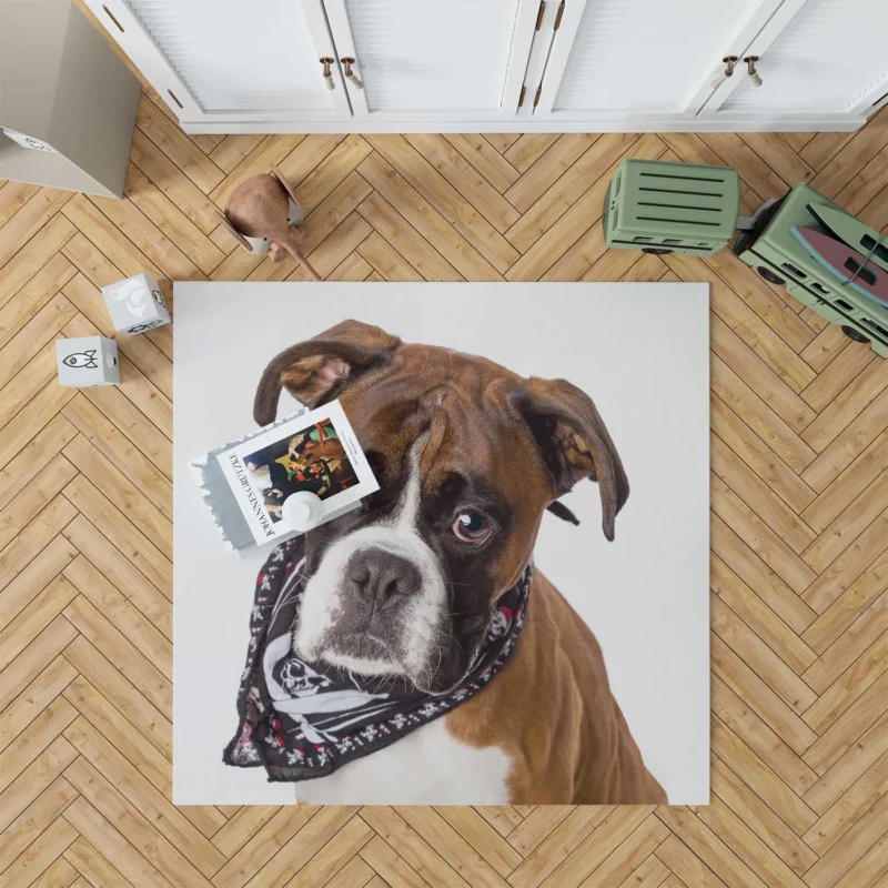 Boxer (Dog) Enjoying Winter with Snow and Depth Of Field: Boxer Floor Rug