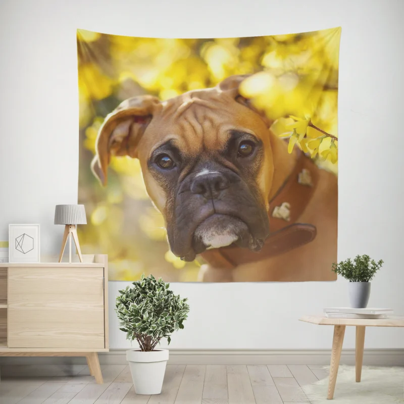 Boxer (Dog) Muzzle in Bokeh Yellow Flower  Boxer Wall Tapestry