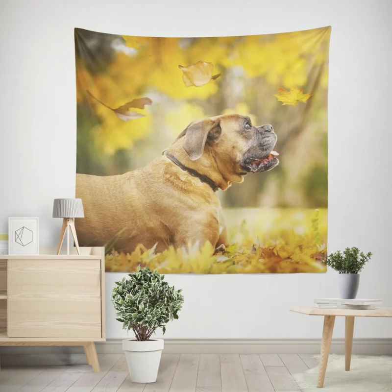 Boxer (Dog) in the Fall with Leaves and Depth Of Field  Boxer Wall Tapestry