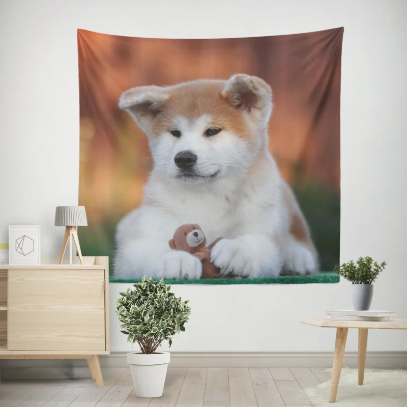 Bringing Joy  Puppies of the Akita Quartet Wall Tapestry