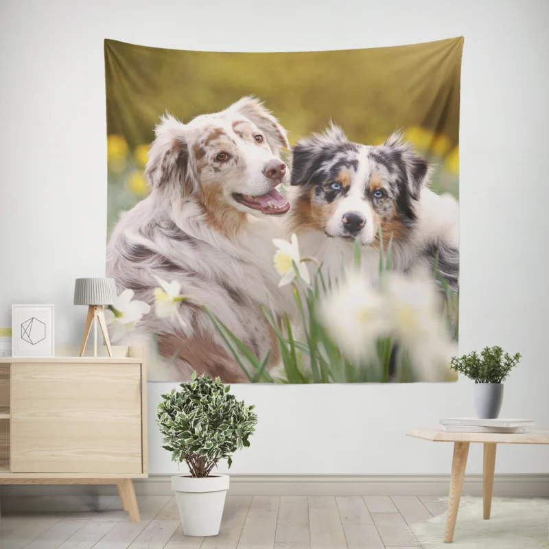 Canine Beauty with Daffodils  Australian Shepherd Wall Tapestry