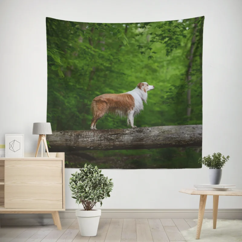 Canine Companions in the Forest  Australian Shepherd Wall Tapestry