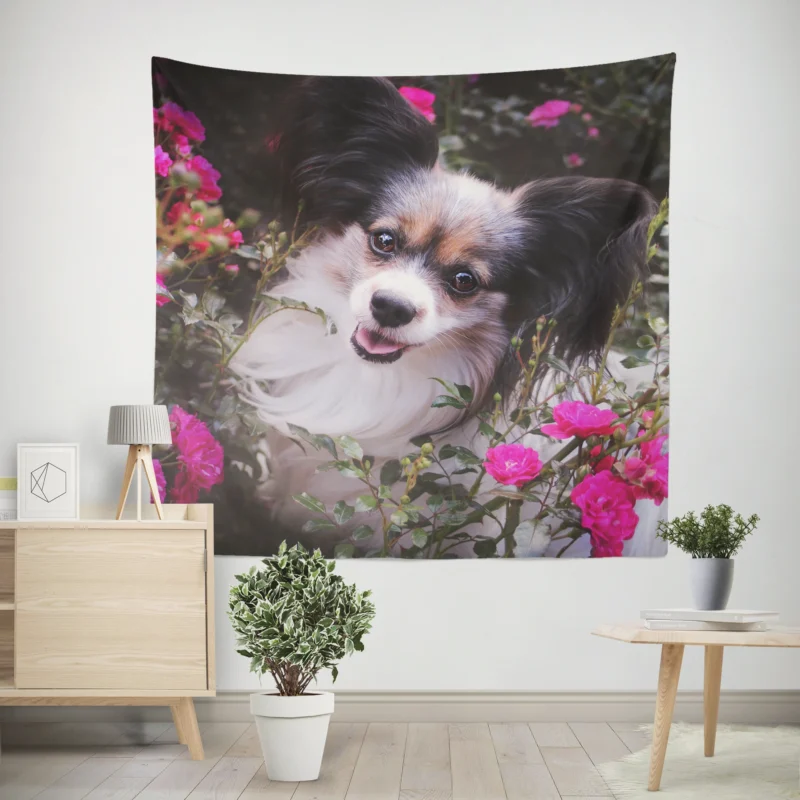 Canine Elegance  Papillon Quartet in Rose Garden Wall Tapestry