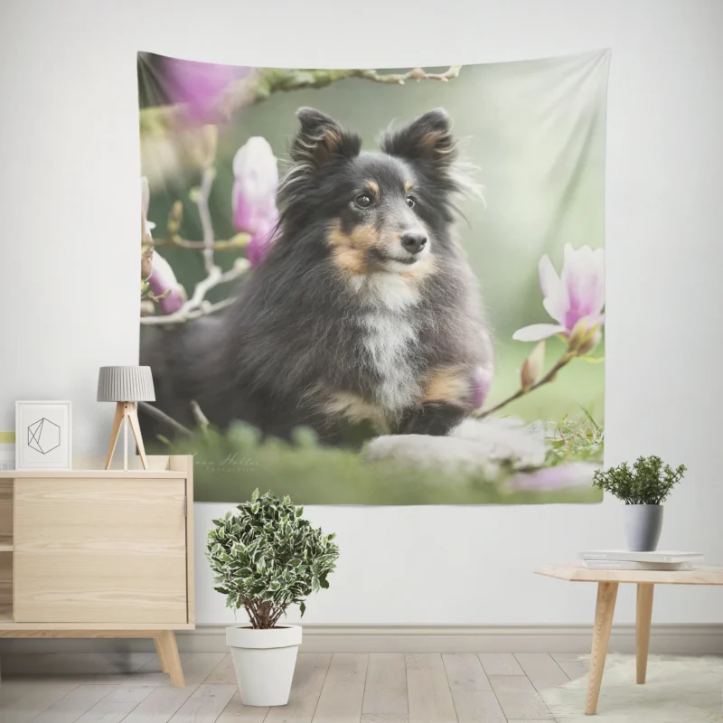 Charming Shetland Sheepdog Gathering  Quartet Wall Tapestry