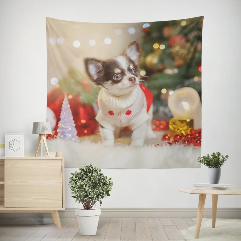 Christmas Cheer with Decorations  Chihuahua Quartet Wall Tapestry