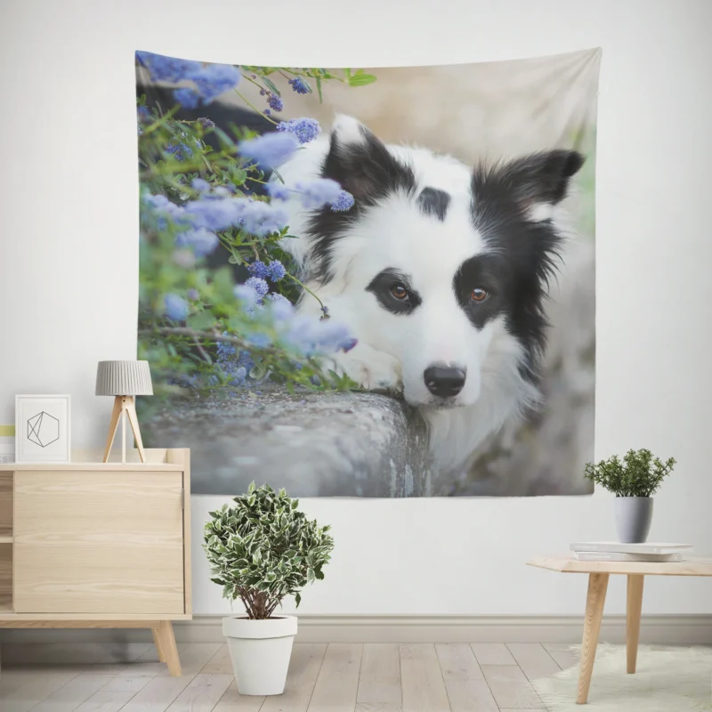 Collie Beauty with Depth Of Field and Blue Flower  Border Collie Wall Tapestry