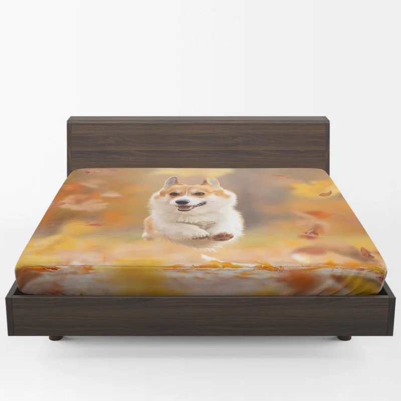 Corgi Frolicking in Fall Leaves Quartet Fitted Sheet 1