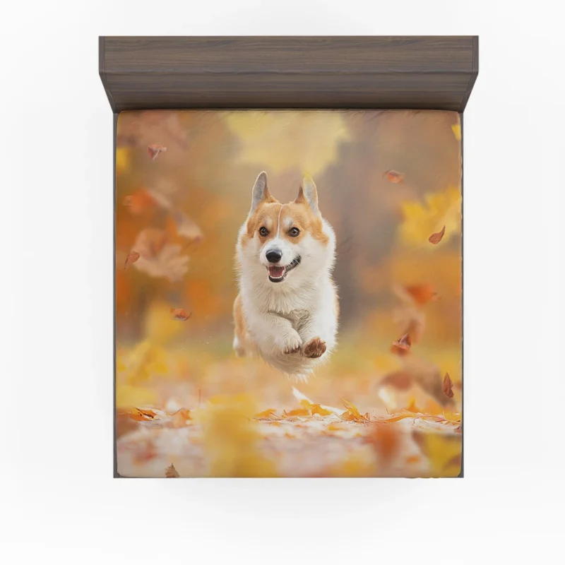 Corgi Frolicking in Fall Leaves Quartet Fitted Sheet