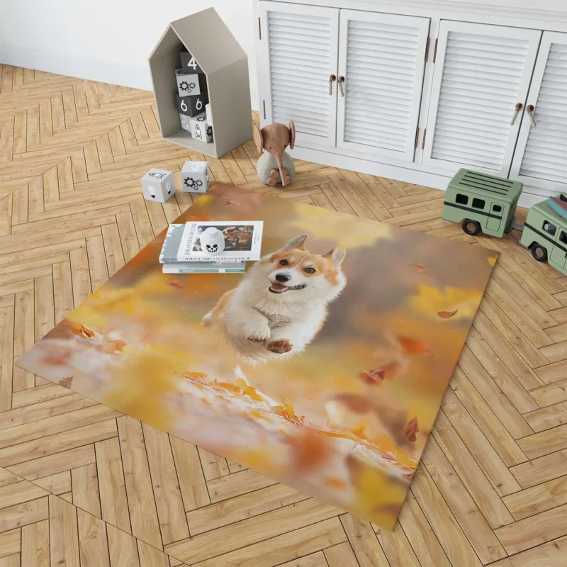 Corgi Frolicking in Fall Leaves Quartet Floor Rug 1