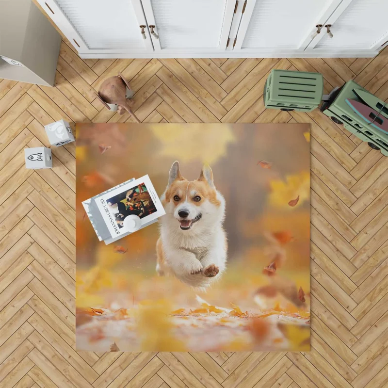 Corgi Frolicking in Fall Leaves Quartet Floor Rug