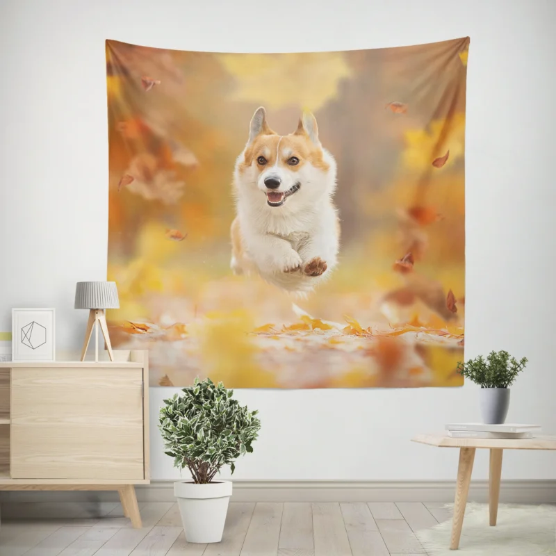 Corgi Frolicking in Fall Leaves Quartet Wall Tapestry