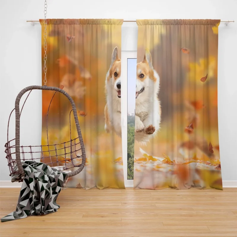 Corgi Frolicking in Fall Leaves Quartet Window Curtain