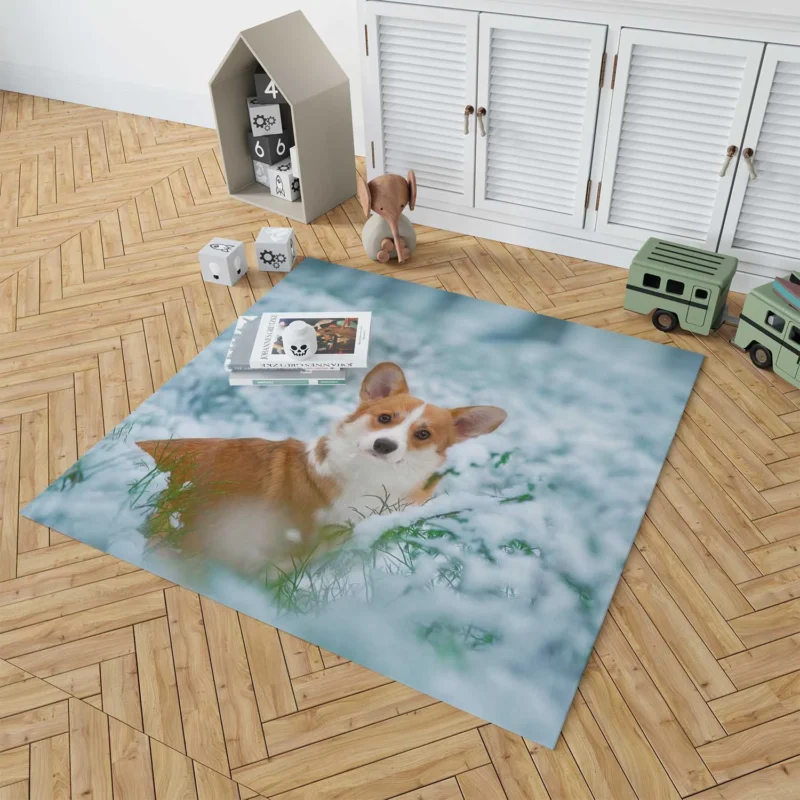 Corgi Frolicking in Playful Snow Quartet Floor Rug 1