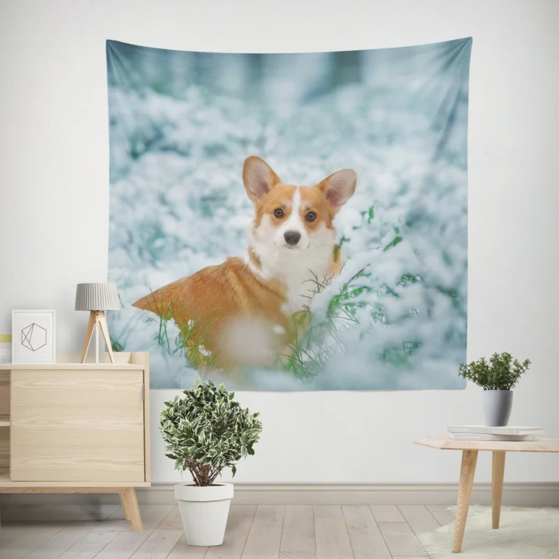 Corgi Frolicking in Playful Snow Quartet Wall Tapestry