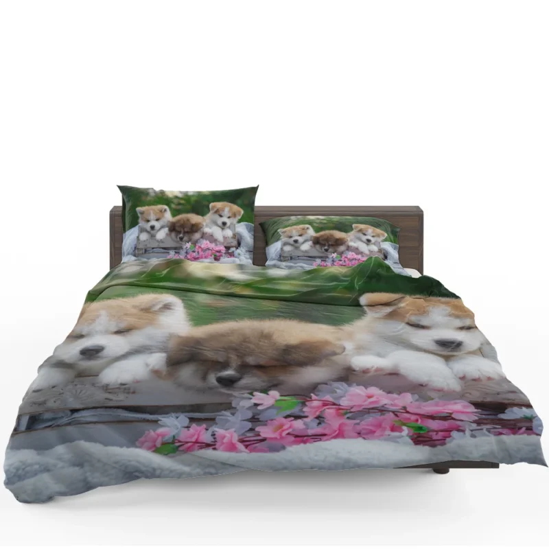 Cozy Bauble Nestled Puppies: Akita Quartet Bedding Set