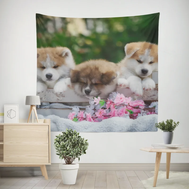 Cozy Bauble Nestled Puppies  Akita Quartet Wall Tapestry