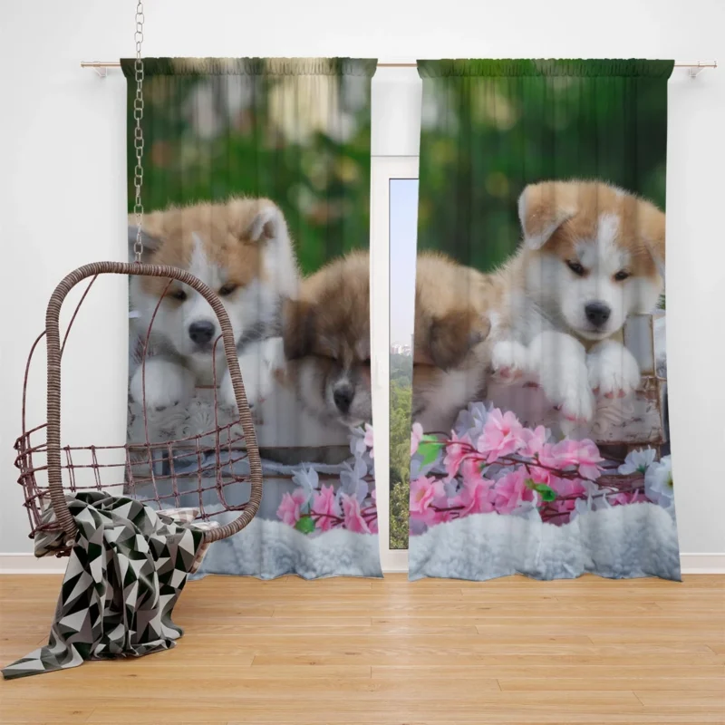 Cozy Bauble Nestled Puppies: Akita Quartet Window Curtain