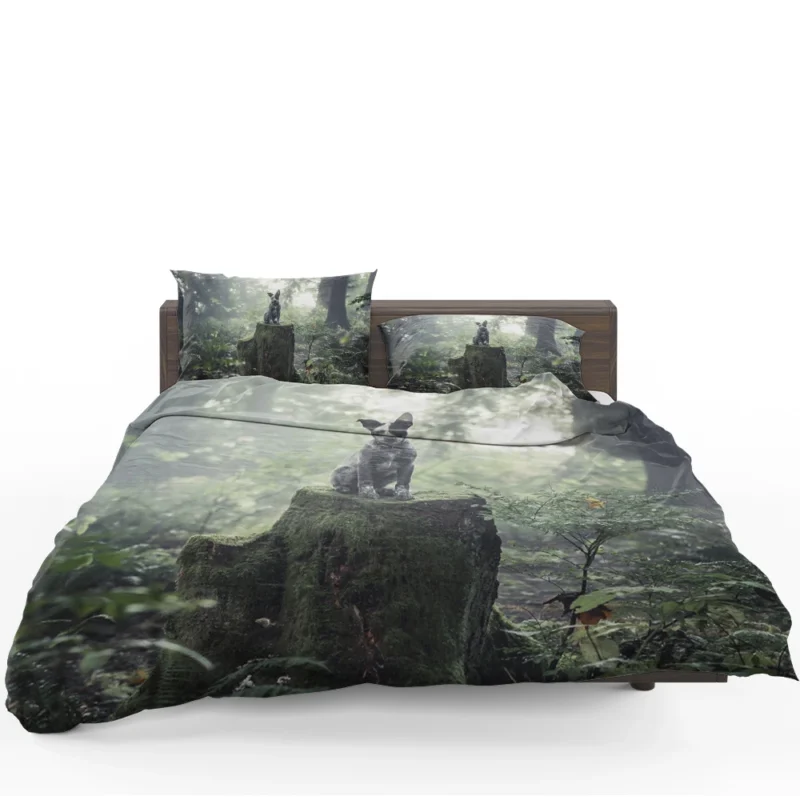 Cute Grey and Black Australian Cattle Dog on Mossy Stump in the Forest with Fog: Puppy Bedding Set