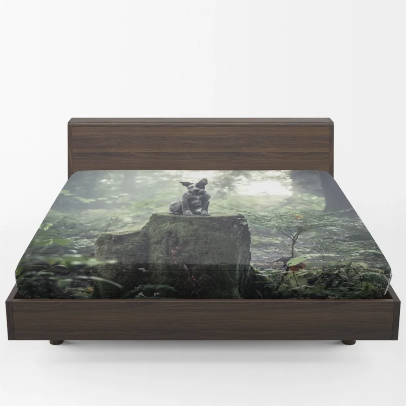 Cute Grey and Black Australian Cattle Dog on Mossy Stump in the Forest with Fog: Puppy Fitted Sheet 1