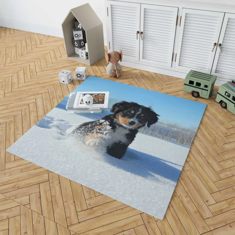 Cute Winter Moments with Snow and Bernese Ba: Bernese Mountain Puppy Floor Rug 1