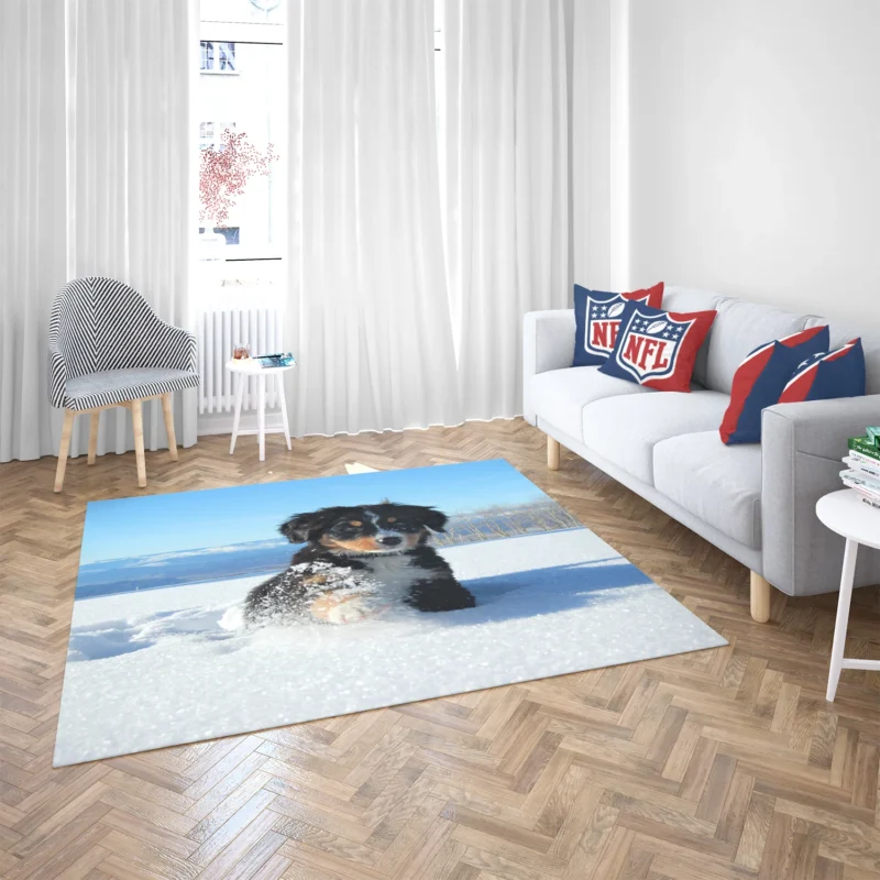 Cute Winter Moments with Snow and Bernese Ba: Bernese Mountain Puppy Floor Rug 2