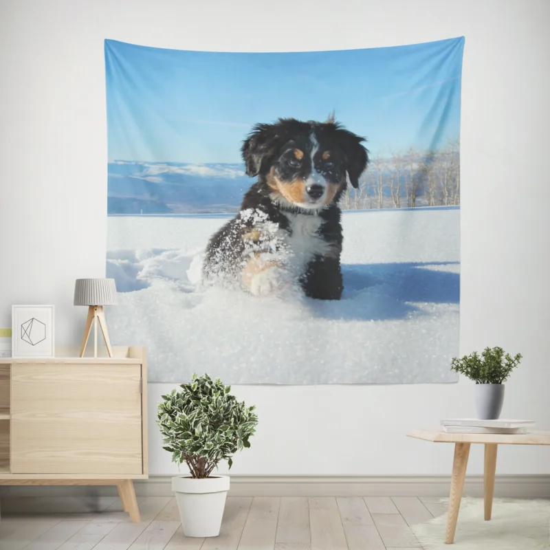 Cute Winter Moments with Snow and Bernese Ba  Bernese Mountain Puppy Wall Tapestry