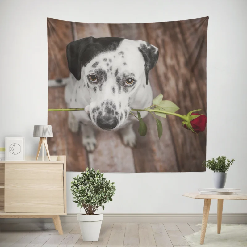 Dalmatian Staring at a Red Rose  Dalmatian Quartet Wall Tapestry